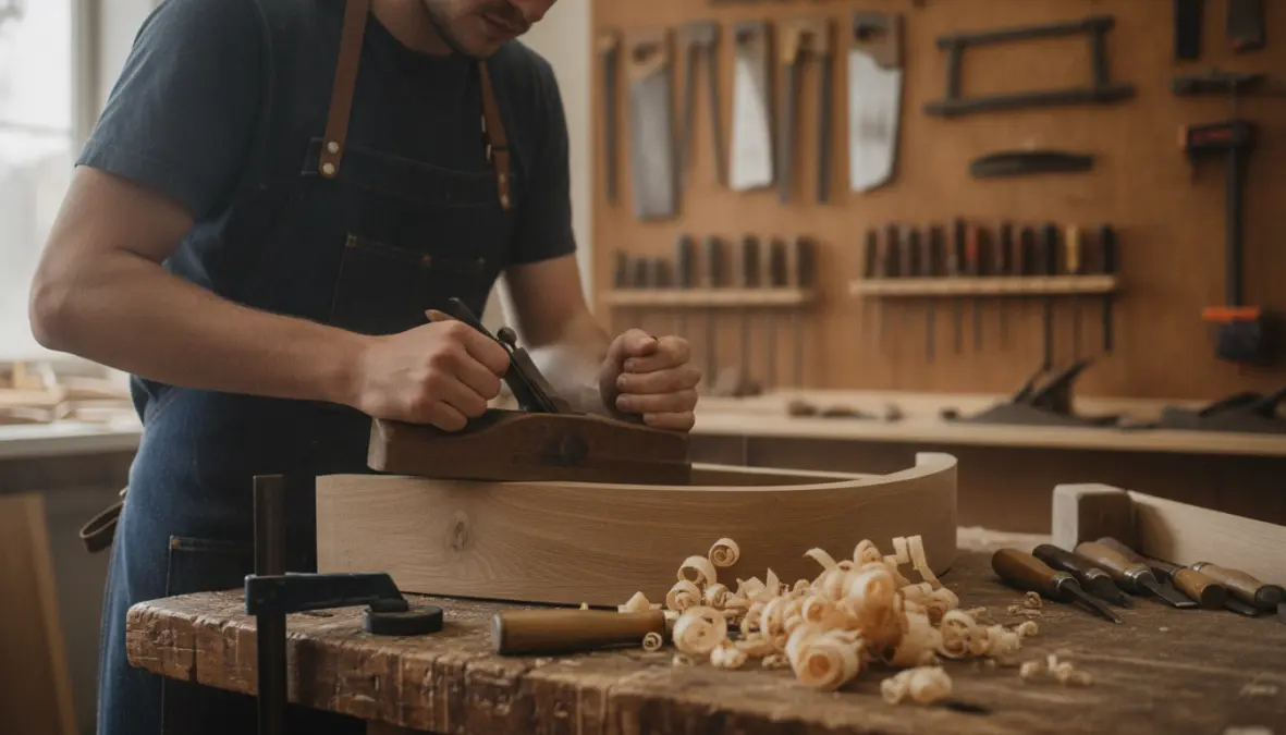 Gen Z craftsman learning traditional woodworking trades using hand tools in modern maker space
