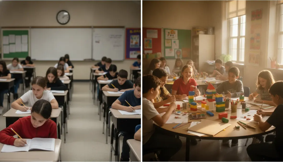 Contrasting traditional standardized education with creative learning environments showing impact on divergent thinking