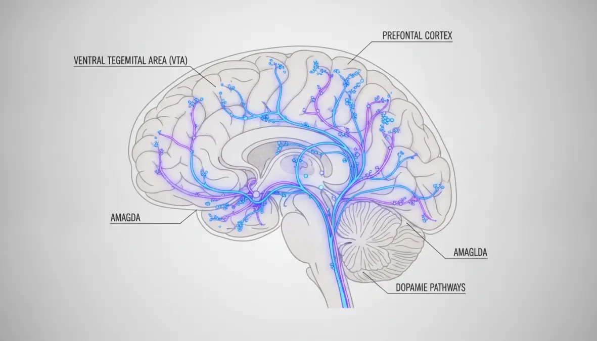 Brain diagram showing dopamine reward system and neurotransmitter pathways