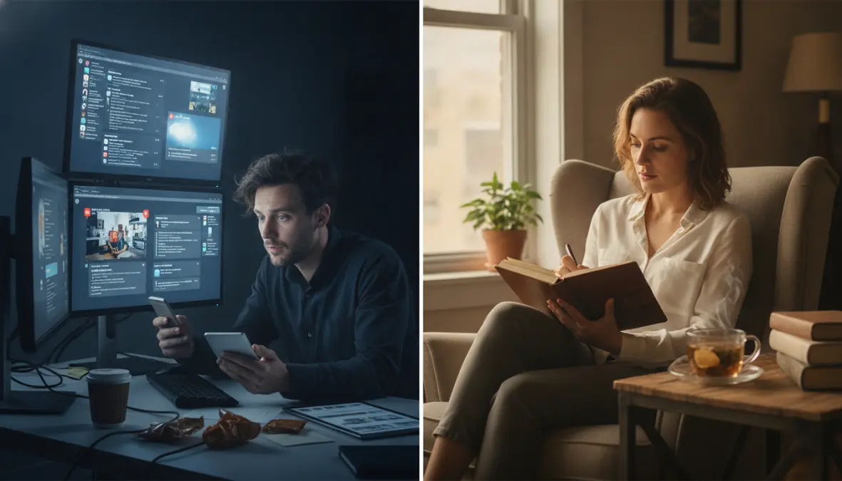 Before and after comparison of dopamine overload versus mindful digital detox lifestyle