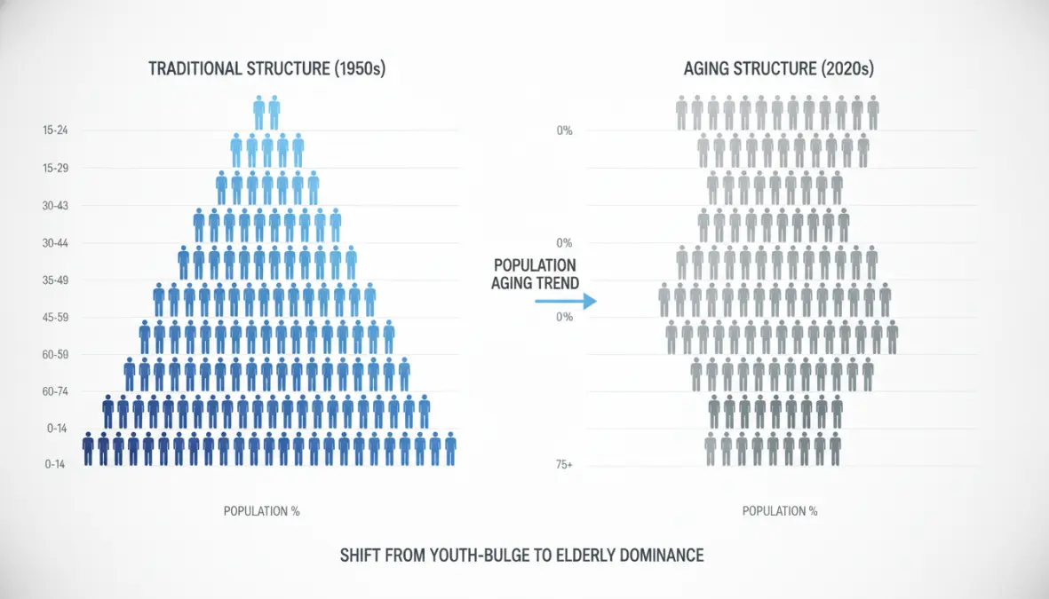 Visual representation of demographic transition economics showing population aging trends and elderly population growth