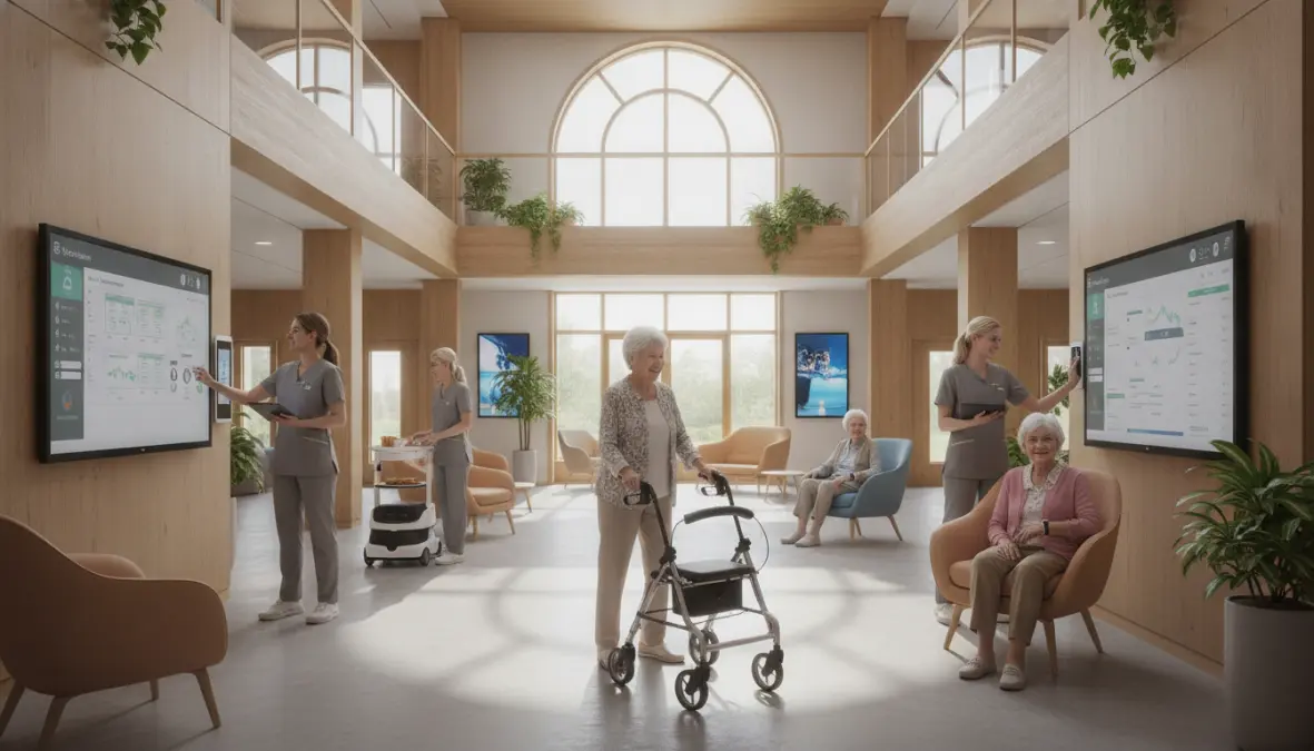 Modern geriatric care industry facility showing healthcare costs aging solutions and longevity economy innovations