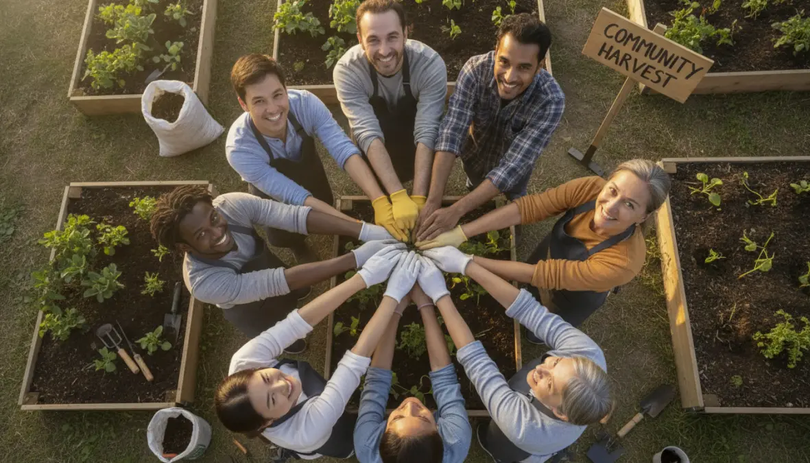 Community volunteers demonstrating prosocial behavior and rebuilding social connection through collaboration