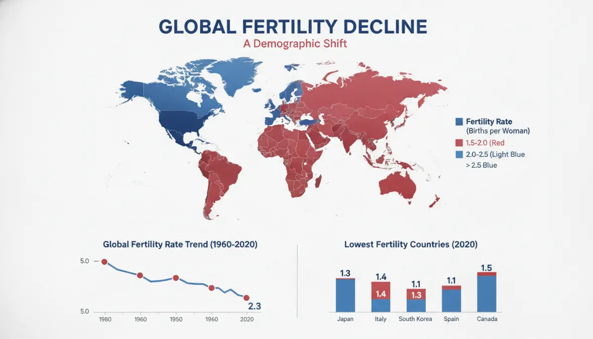 World map showing fertility rate statistics and low fertility countries with declining birth rates