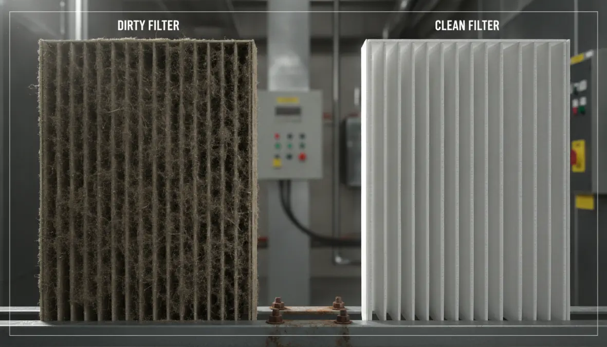 HVAC air filtration system showing dirty filter demonstrating poor indoor air quality maintenance