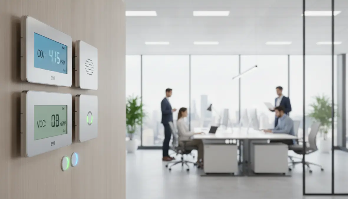 Air quality monitoring sensors measuring indoor air contaminants and carbon dioxide levels in building