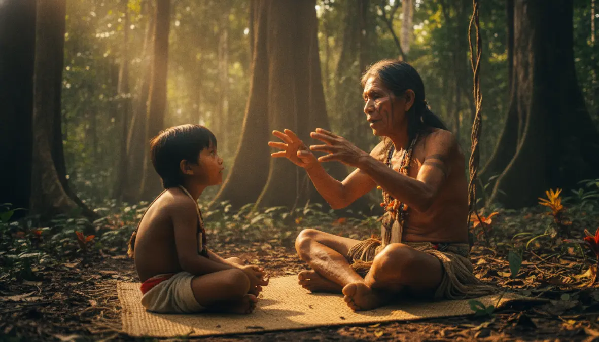 Indigenous elder teaching endangered language to child, representing language preservation and cultural transmission