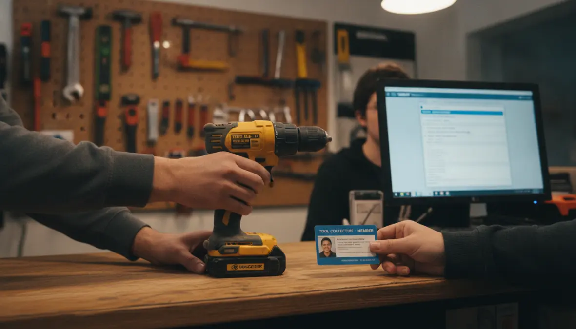 Member checking out power drill at tool lending library counter