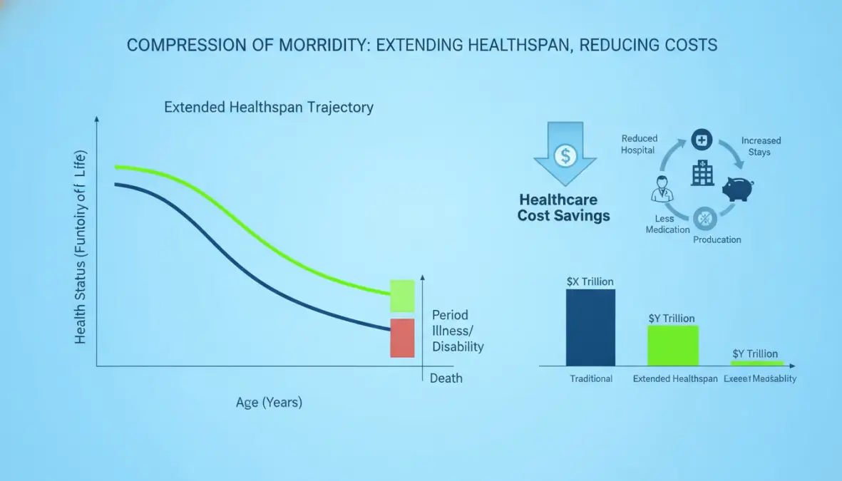 Compression of morbidity diagram showing healthspan extension benefits and healthcare cost reduction