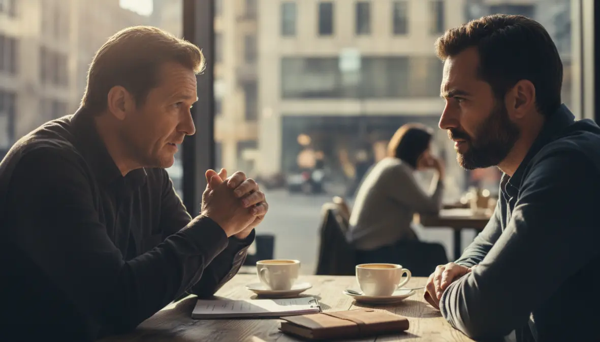Two men having an emotionally vulnerable conversation about men's mental health