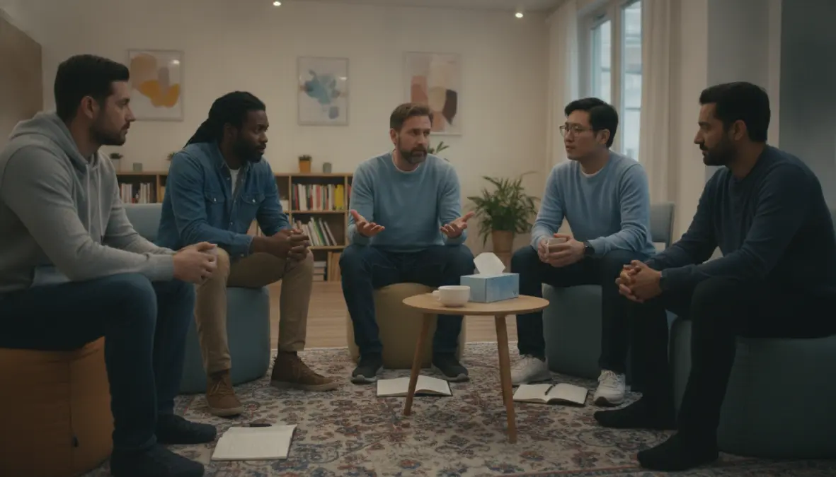 Men's support group building emotional connections and breaking isolation