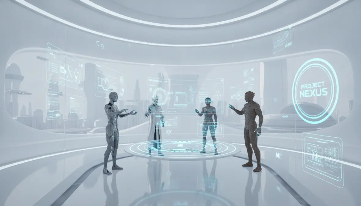 Virtual office environment in metaverse workspace with avatars and digital collaboration tools