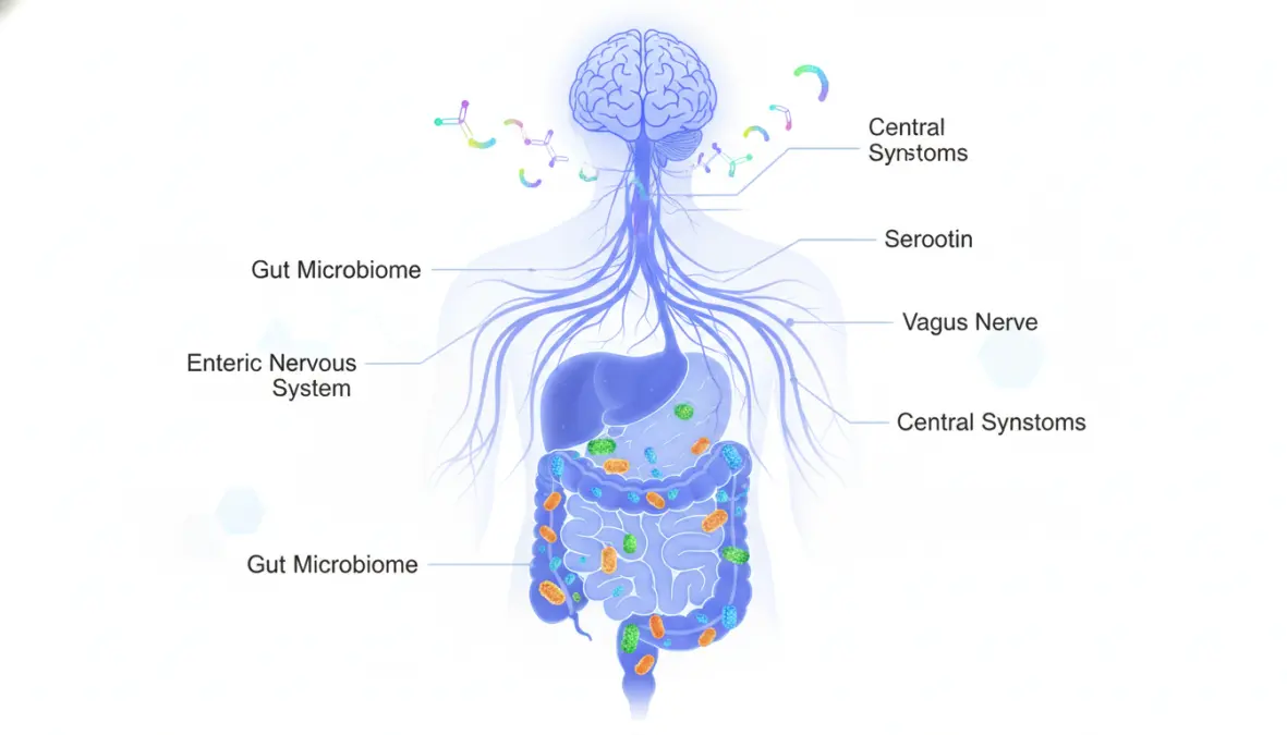 Gut-brain axis diagram showing connection between gut microbiome and mental health
