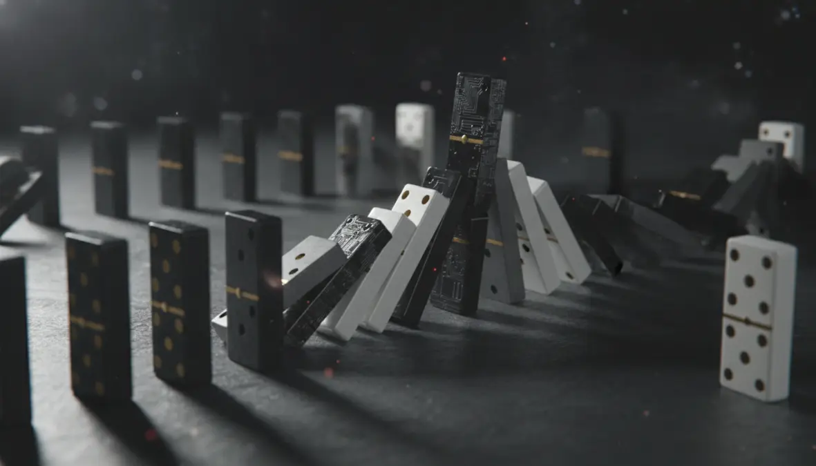 Cascading failures and domino effect illustrating how converging crises create systemic risk