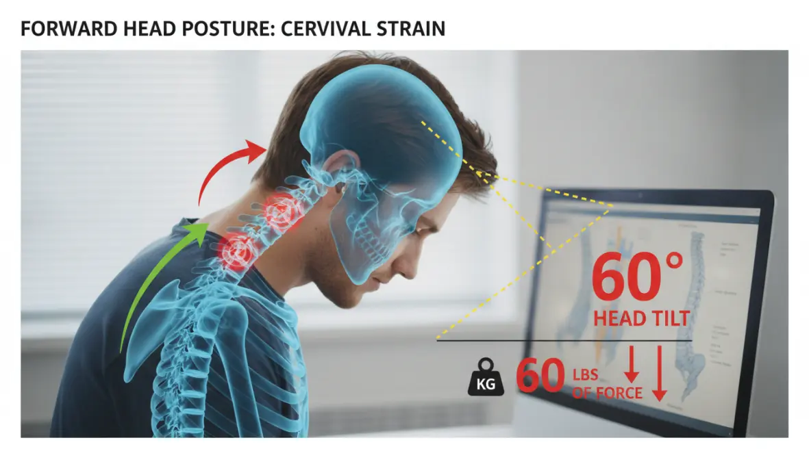 Anatomical diagram showing spinal health deterioration and forward head posture biomechanics from desk work