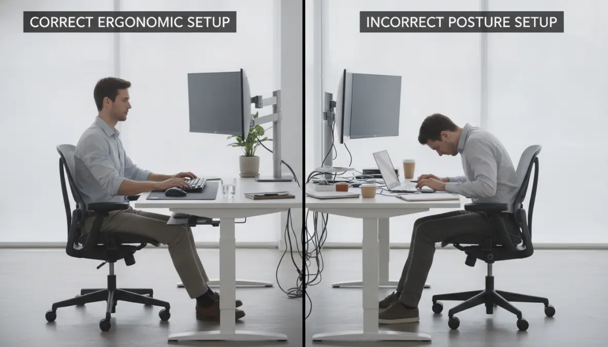 Ergonomic workspace comparison demonstrating proper desk setup to prevent desk job back pain and posture problems