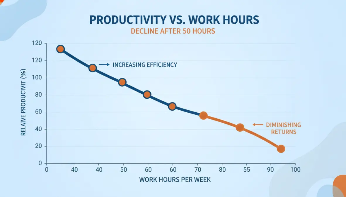 Productivity curve showing diminishing returns when working excessive hours