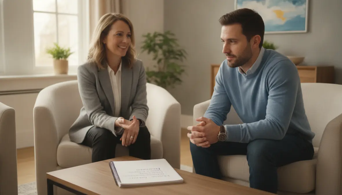Gambling addiction treatment session showing professional help and recovery support