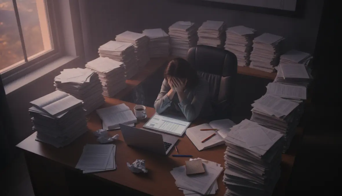 Stressed teacher experiencing educator burnout and overwhelming working conditions