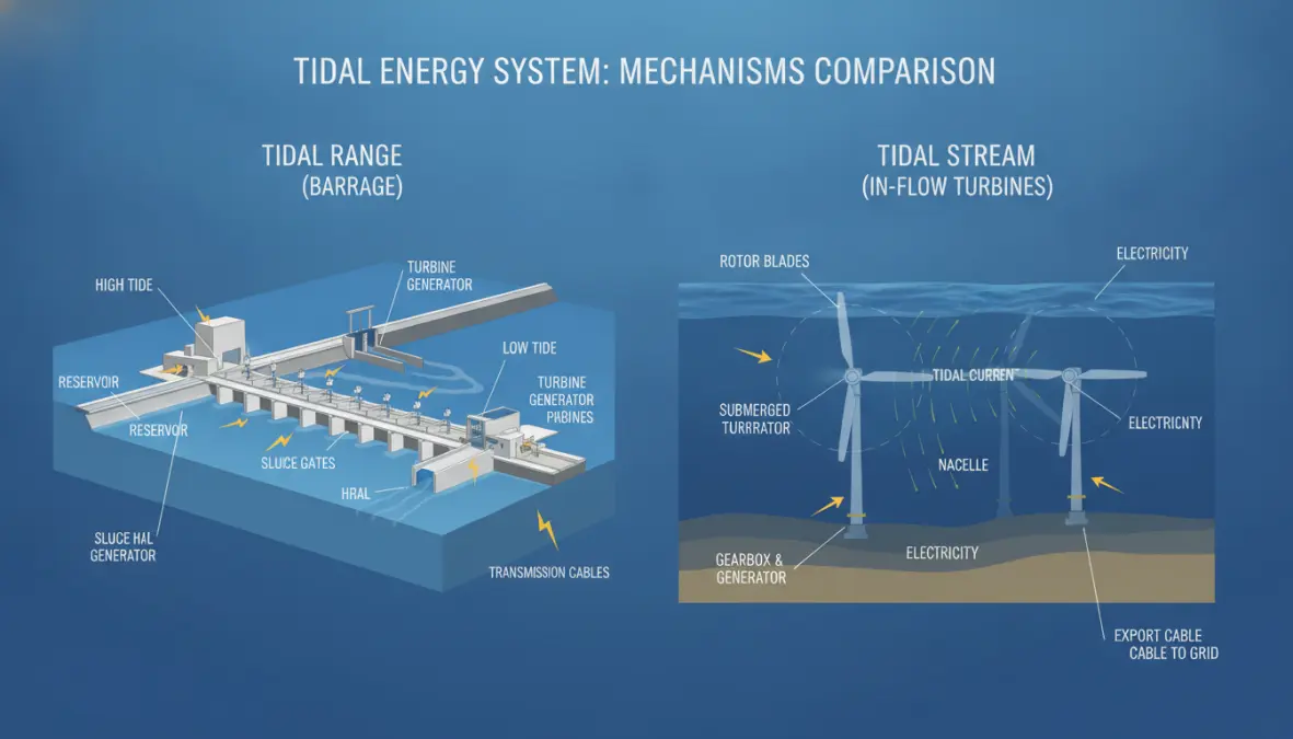 Technical diagram explaining how tidal power generation systems work using ocean currents