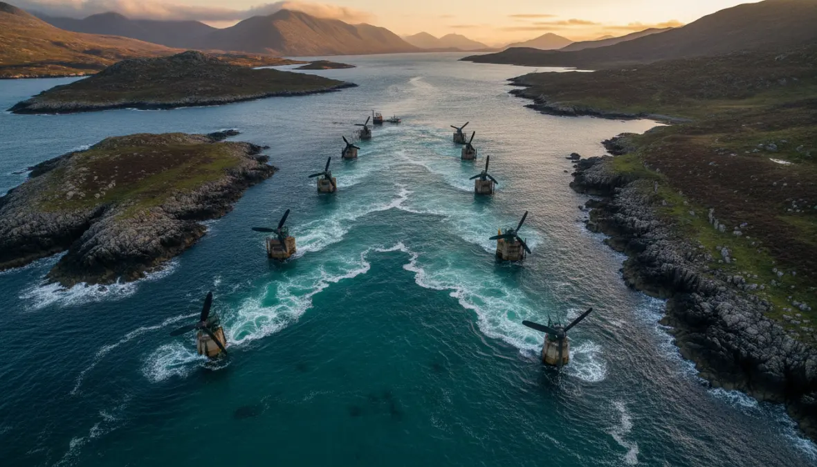 Tidal stream generators and marine renewable energy farm in optimal coastal location