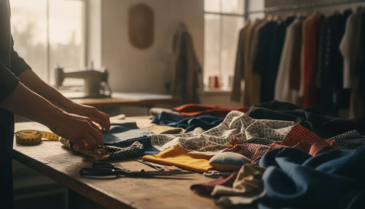 Designer transforming textile waste into upcycled clothing in sustainable fashion studio workspace