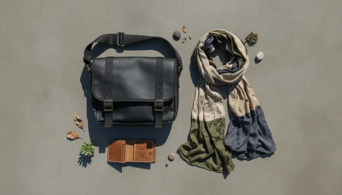 Upcycled fashion accessories made from repurposed materials including fire-hose bag and recycled fabrics