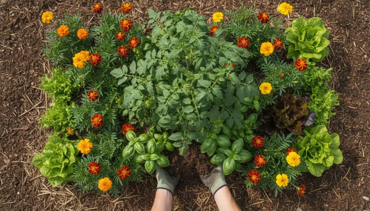 Guild planting and companion planting arrangement in urban permaculture garden showing polyculture design