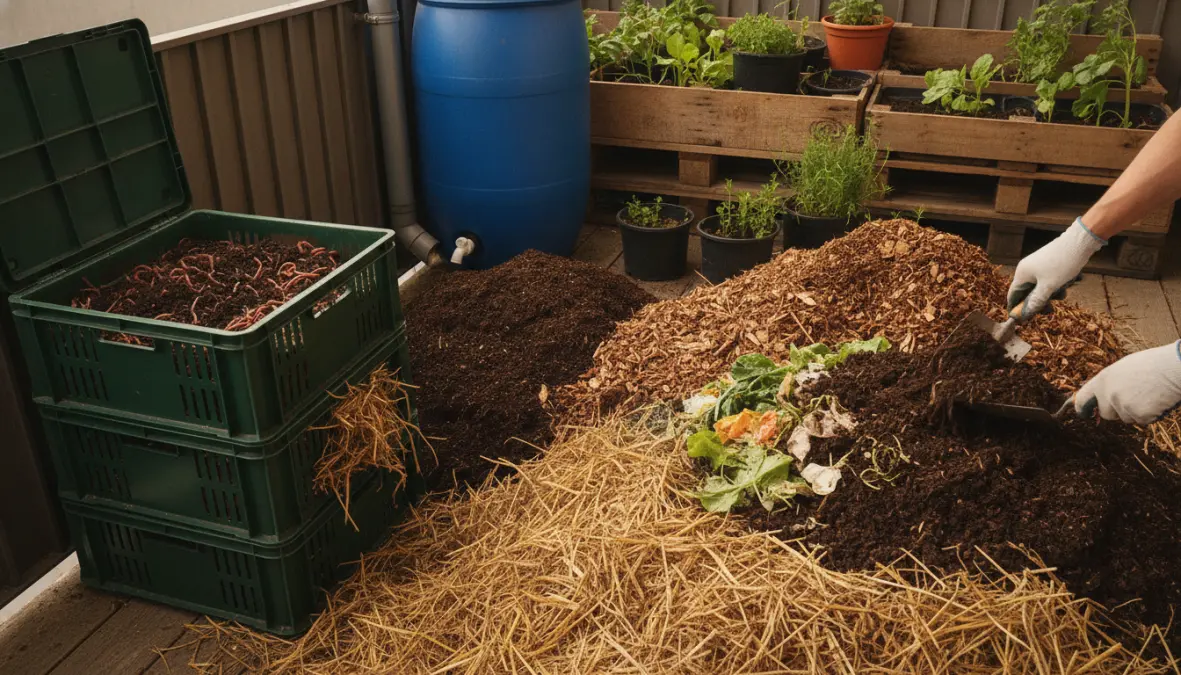 Water harvesting and soil building techniques for regenerative urban gardening with composting system