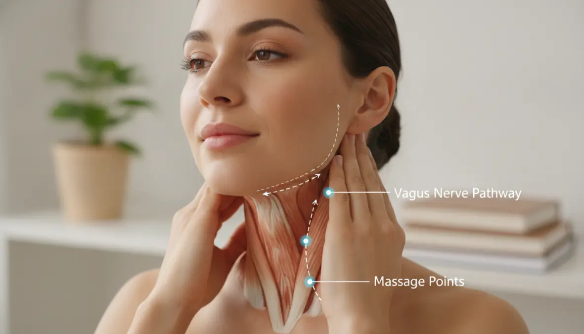Vagus nerve massage techniques at home showing neck and ear pressure points for stress relief