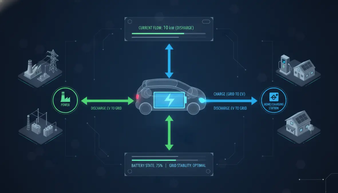 Bidirectional charging diagram showing V2G technology energy flow between EV and grid
