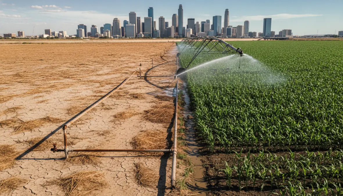 Agricultural irrigation systems versus urban development illustrating water allocation conflicts