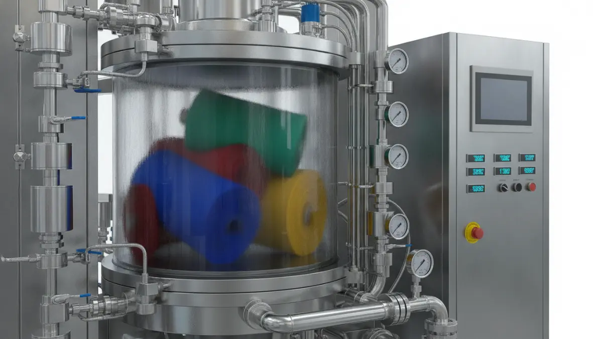 Supercritical CO2 dyeing technology process showing waterless fabric treatment in industrial chamber