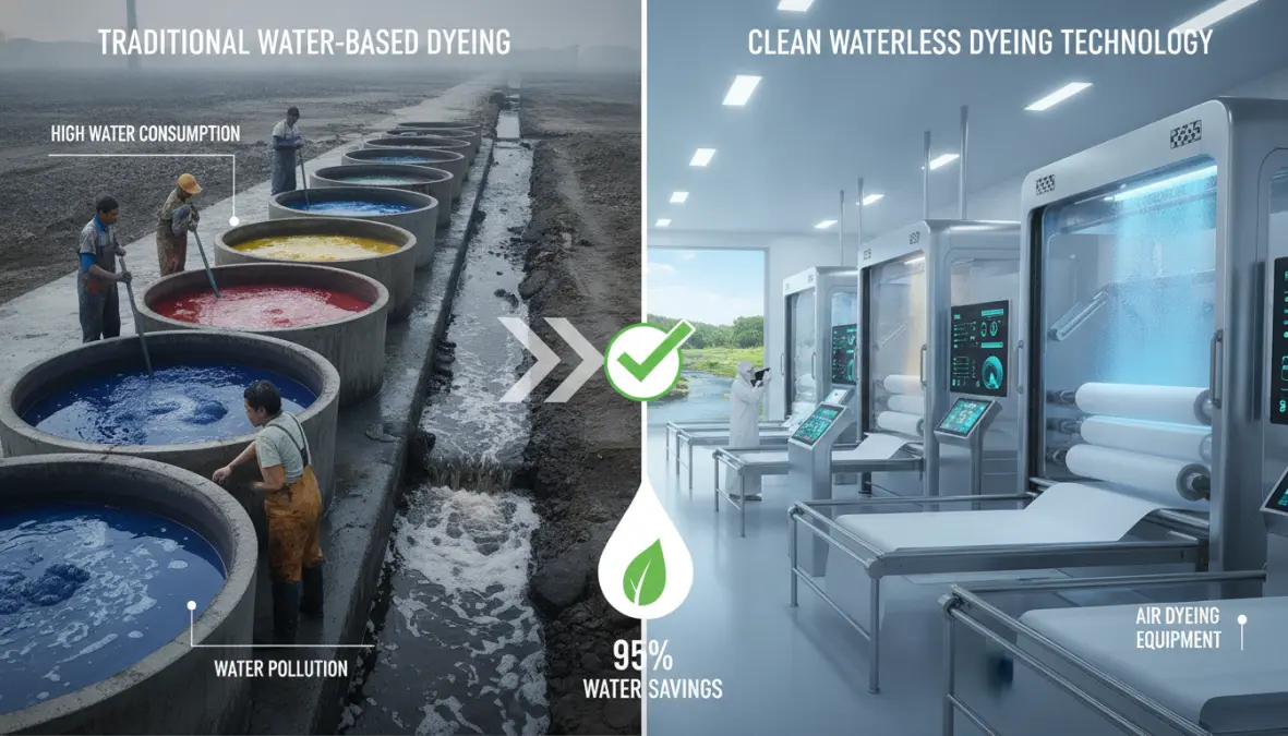 Environmental comparison between traditional dyeing methods and sustainable waterless dyeing technology showing water savings
