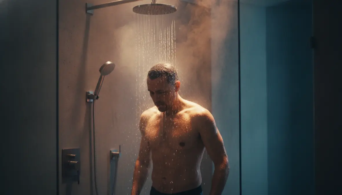 Person practicing cold exposure therapy with cold shower for Wim Hof Method training