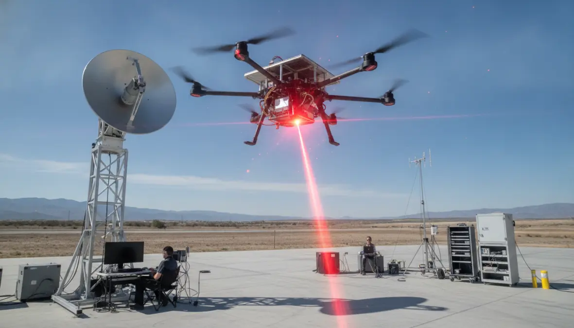 Laser-based wireless power transmission system delivering remote power to flying drone