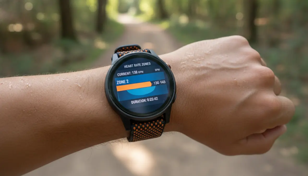Heart rate monitor displaying zone 2 heart rate during cardio exercise