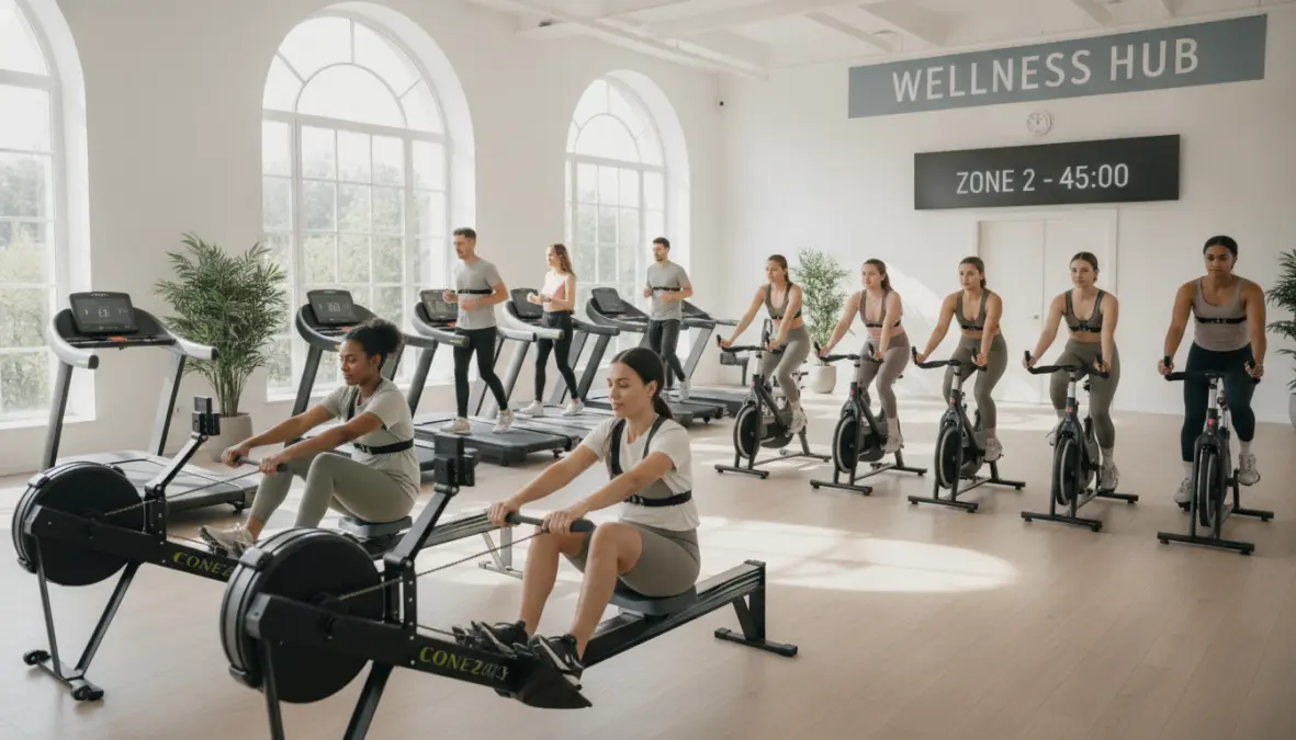 People performing different zone 2 workouts and low intensity cardio exercises
